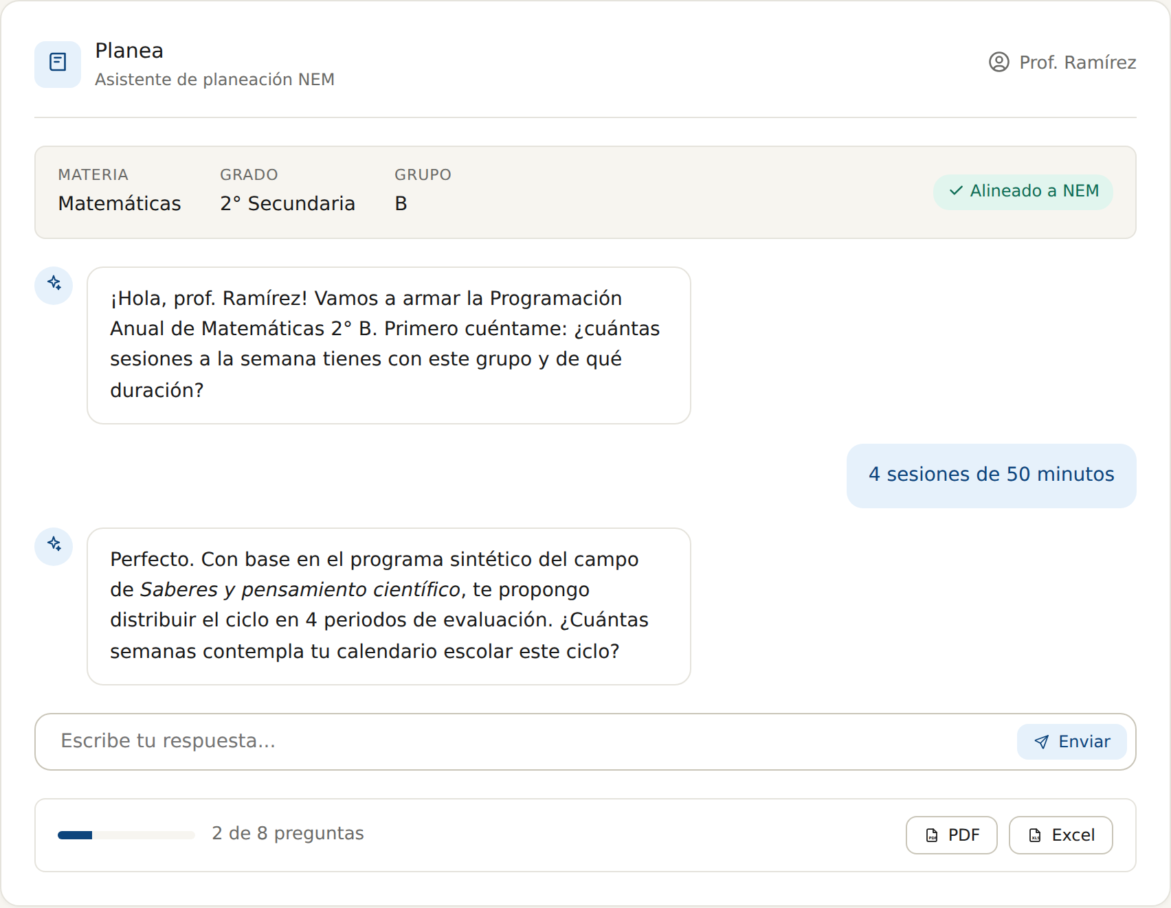 Conversación con la IA de Planea generando una programación anual